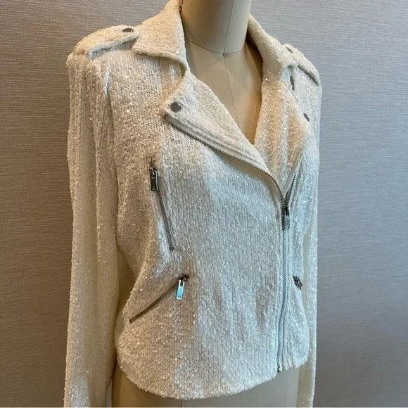 Generation‎ Love Robin Sequined Moto Jacket Zip Up Long White XS $395 - Picture 7 of 8